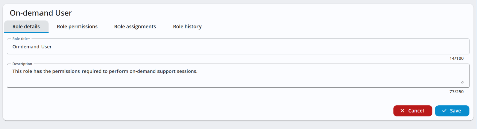 Edit role screen showing the role title “On-demand User”, a description of its permissions, and Save and Cancel buttons.